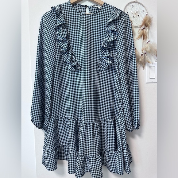 TOPSHOP Gingham Ruffle Mini Black Blue Tiered Dress - Picture 3 of 8